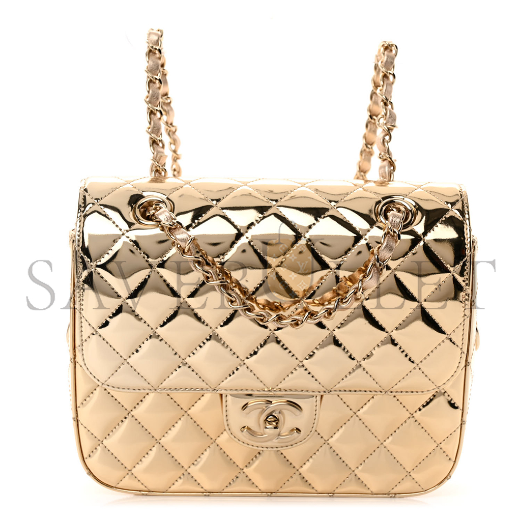 Ch*el mirror calfskin metallic calfskin quilted hollywood boulevard backpack with coin purse gold as4647 (20*15*6.5cm)